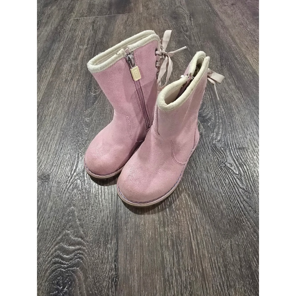 UGG Australia Girls Pink Suede Ribbon Bow Side Zip Boots Mid Calf Kids